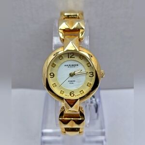 Womens Akribos XXIV Diamond Dial Quartz Gold Tone Watch New Battery AK755YG